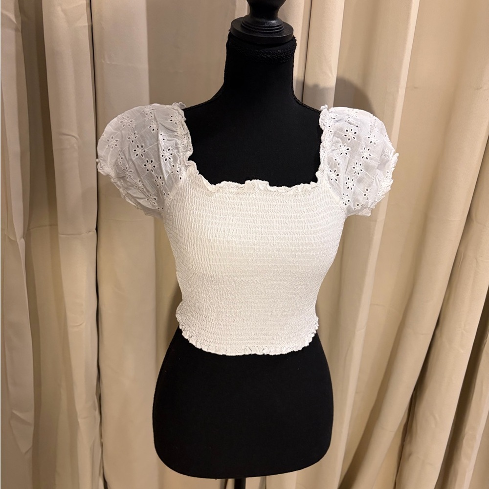 White Eyelet Puff Sleeve Smocked Top
